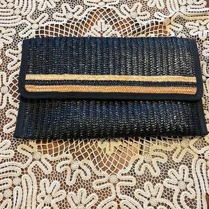 Vintage Black striped Woven Straw Clutch by Mantessa Made in Italy envelope bag